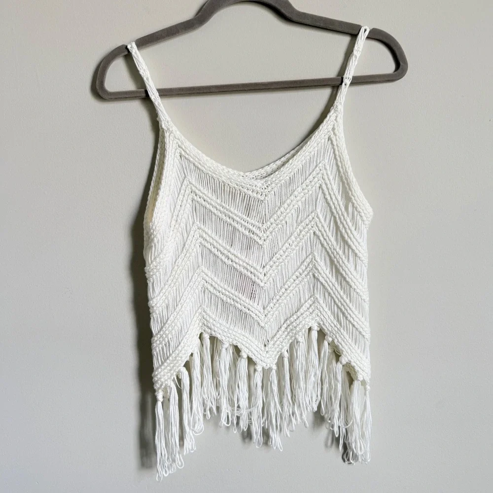 New In White Crochet Fringe Cami Tank Top Chevron Knit Festival Boho Small NWT - Picture 3 of 3